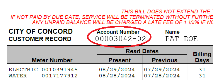 Portion of sample bill showing account number.